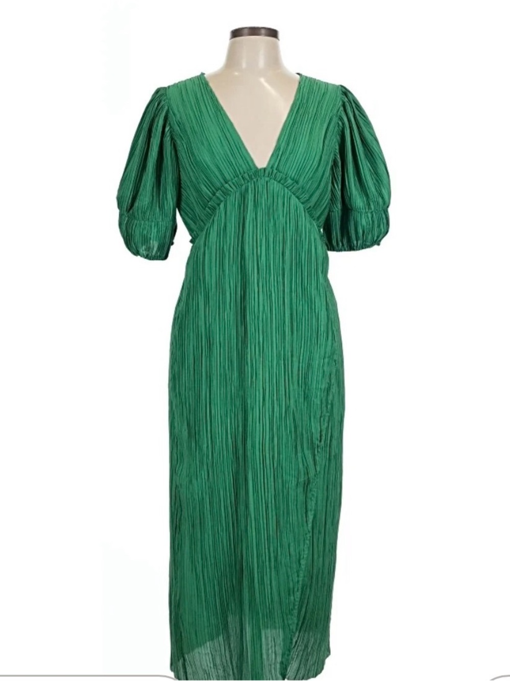Anthropologie Emerald Green Pleated V-Neck Maxi Dress